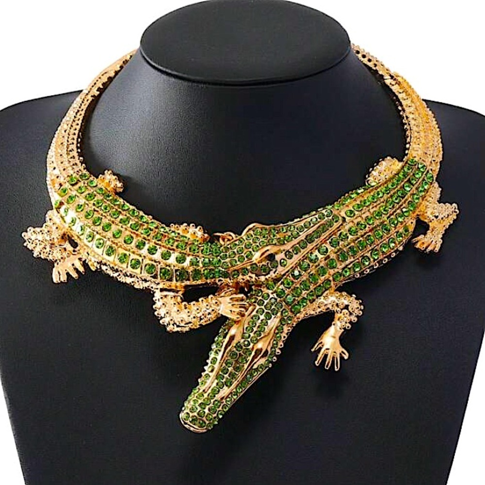 Gold Mint Green Crocodile Alligator Choker Statement Necklace Double Headed
